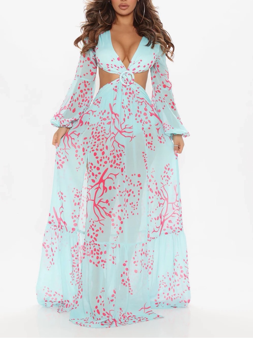 Fashion Nova Aqua Maxi Dress with Pink Floral Cutouts